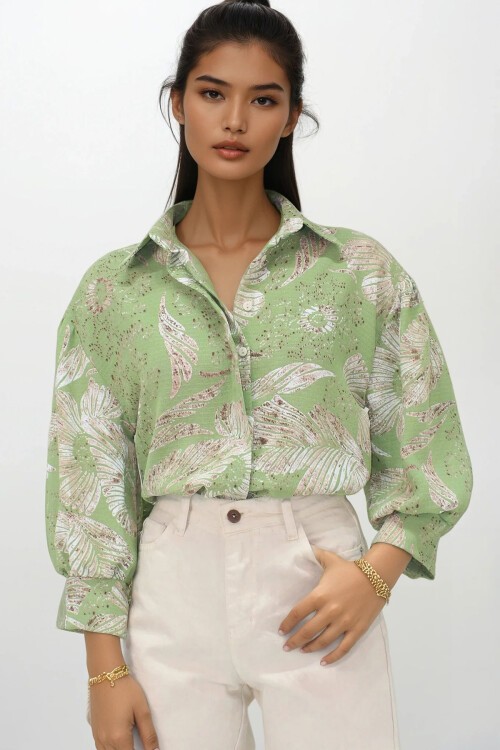 Yeşil Desenli Balon Kol Gizli Patlı Gömlek