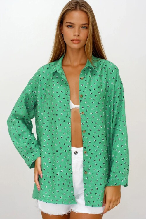 Yeşil Desenli Oversize Keten Gömlek