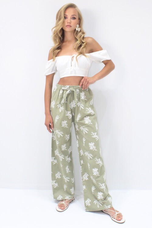 Yeşil Flok Baskılı Palazzo Keten Pantolon