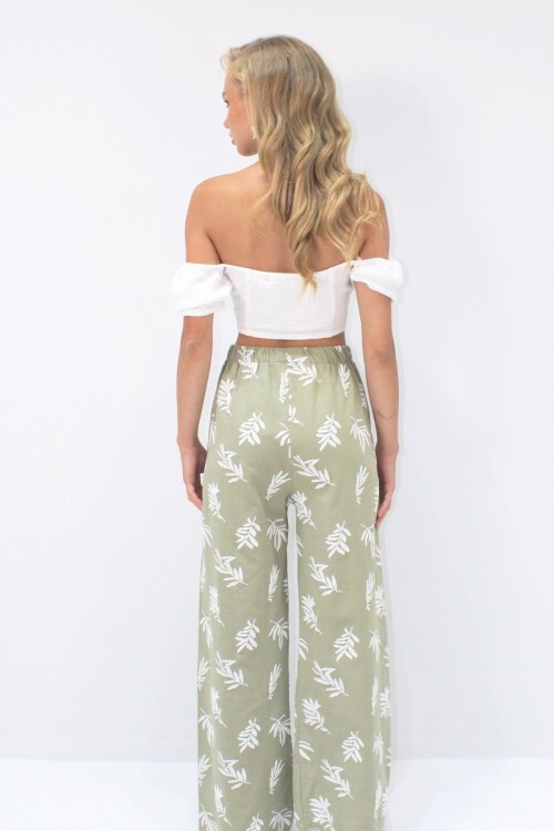 Yeşil Flok Baskılı Palazzo Keten Pantolon