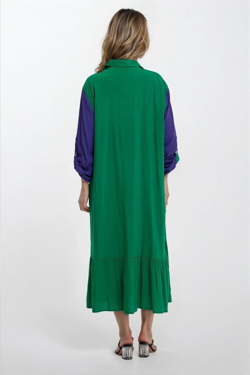 Yeşil Gömlek Yaka Renk Bloklu Çiçek Nakışlı Büyük Beden Gömlek Elbise