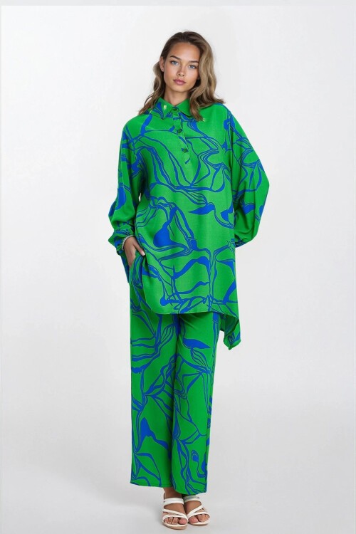 Yeşil Gömlek Yaka Yarım Patlı Tunik Ve Beli Lastikli Pantolon Büyük Beden Alt Üst Takım