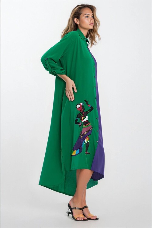 Yeşil Gömlek Yaka Yırtmaç Detaylı Büyük Beden Gömlek Elbise