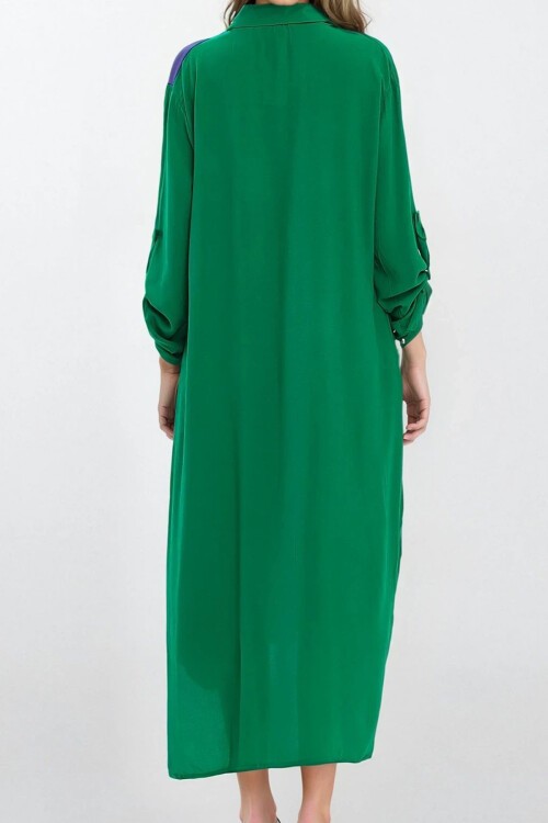 Yeşil Gömlek Yaka Yırtmaç Detaylı Büyük Beden Gömlek Elbise