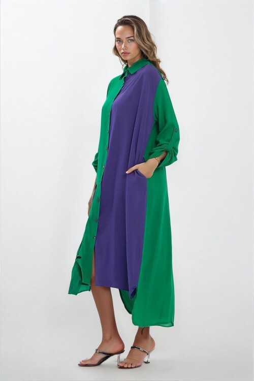 Yeşil Gömlek Yaka Yırtmaç Detaylı Büyük Beden Gömlek Elbise