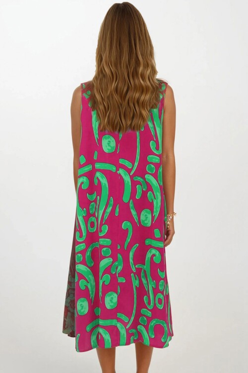 Yeşil Omuzları Lastikli Kolsuz Rahat Kesim Desenli Elbise