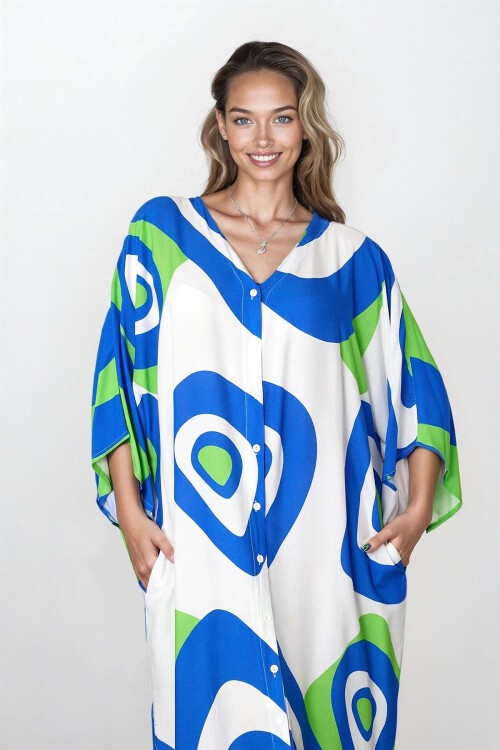 Yeşil Önü Düğmeli Çift Cepli Büyük Beden Viskon Elbise