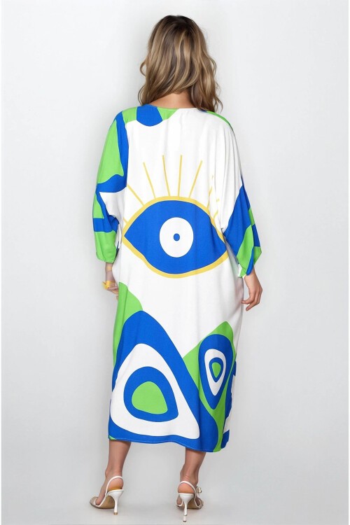 Yeşil Önü Düğmeli Çift Cepli Büyük Beden Viskon Elbise