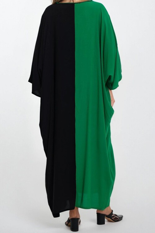 Yeşil Önü Düğmeli Çift Cepli Büyük Beden Viskon Elbise