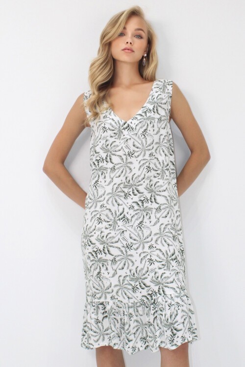 Yeşil V Yaka Eteği Fırfırlı A Form Dokuma Viskon Rahat Kalıp Elbise