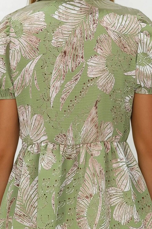 Yeşil V Yaka Karpuz Kol Desenli Eteği Volanlı Dokuma Bluz