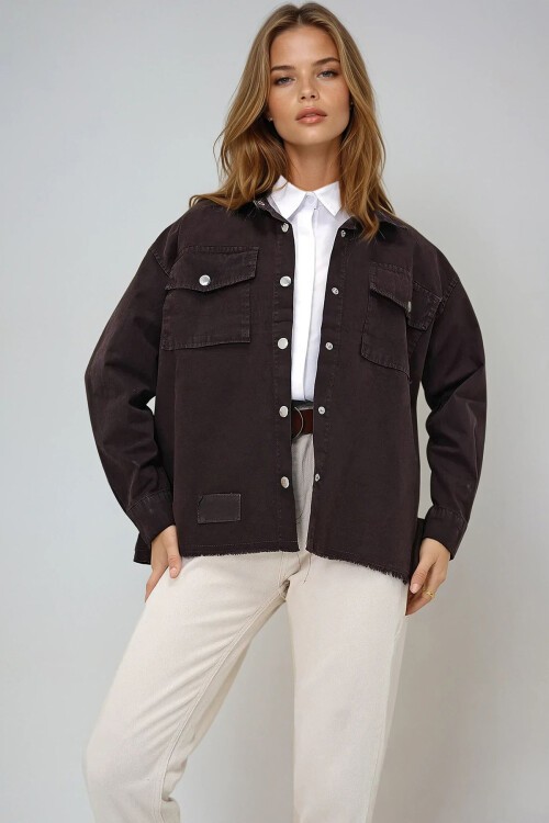 Acı Kahve Çift Cepli Püskül Detaylı Denim Ceket