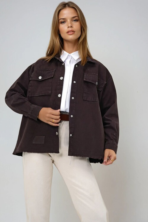 Acı Kahve Çift Cepli Püskül Detaylı Denim Ceket