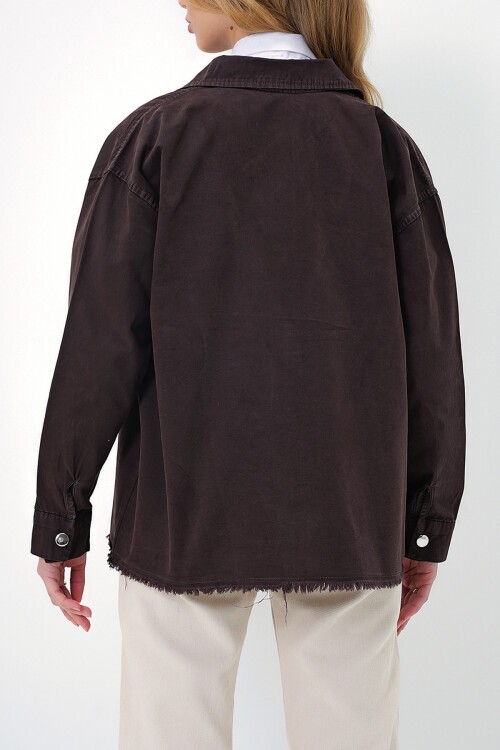 Acı Kahve Çift Cepli Püskül Detaylı Denim Ceket