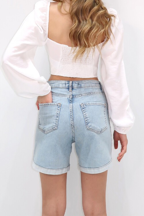 Açık Mavi Duble Paça Cepli Jean Kot Şort