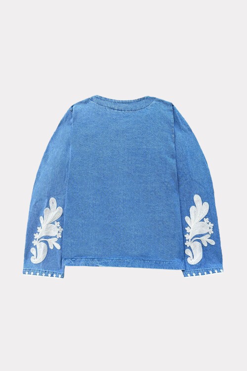 Açık Mavi Nakışlı Denim Ceket