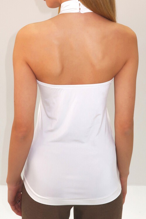 Beyaz Dik Yaka Sırt Dekolteli Kolsuz Sandy Bluz