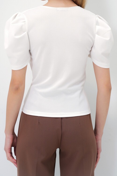 Beyaz Kruvaze Yaka Prenses Kol Örme Krep Bluz