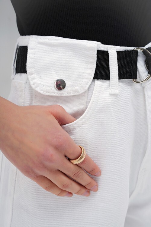 Beyaz Yüksek Bel Cep Detaylı Kemerli Jean Pantolon