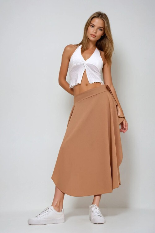 Bisküvi Asimetrik Kesim Beli Bağlamalı Etek