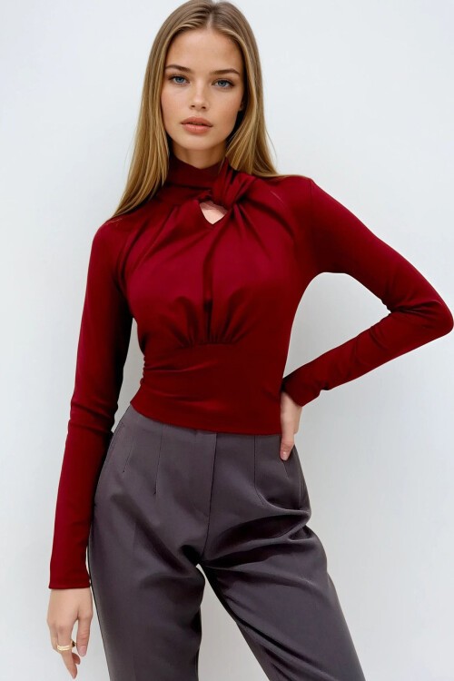 Bordo Dik Yaka Düğüm Detaylı Scuba Kumaş Mevsimlik Bluz