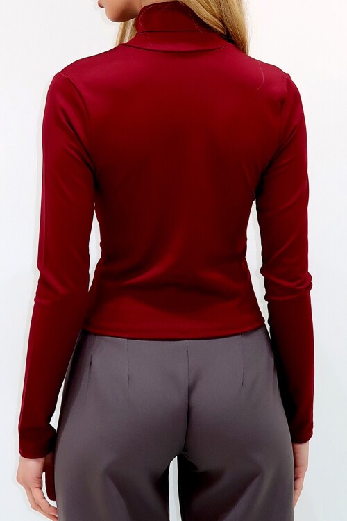 Bordo Dik Yaka Düğüm Detaylı Scuba Kumaş Mevsimlik Bluz