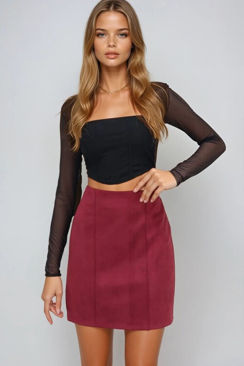 Bordo Nervür Dikişli Süet Mini Etek