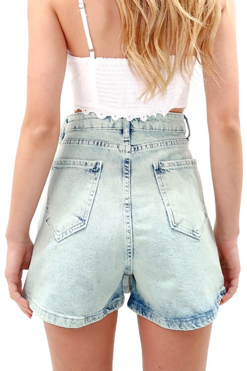 Buz Mavi Soluk Efektli Mini Yırtmaç Ve Kemer Detaylı Fermuarlı Denim Şort Etek