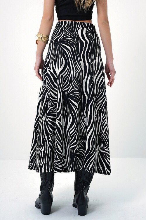 Ekru Siyah Beli Lastikli Süet Dokulu Desenli Uzun Etek