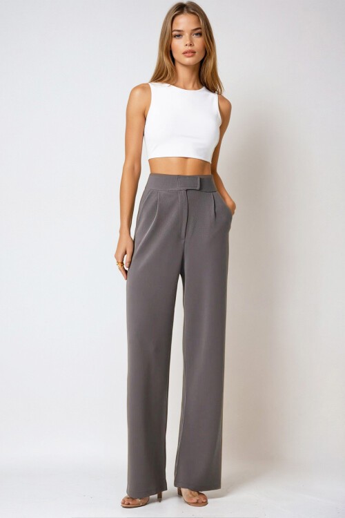 Gri Likralı Cırt Kapamalı Çift Cepli Palazzo Pantalon