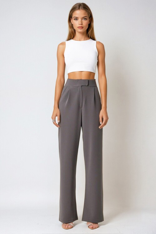 Gri Likralı Cırt Kapamalı Çift Cepli Palazzo Pantalon