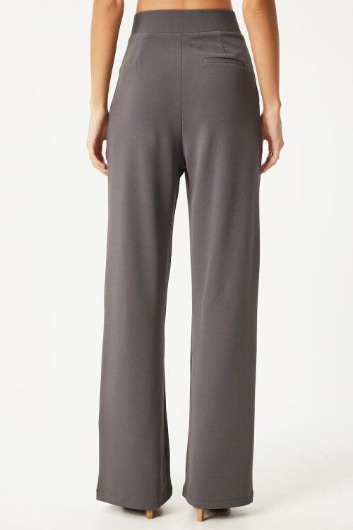 Gri Likralı Cırt Kapamalı Çift Cepli Palazzo Pantalon