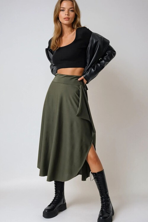 Haki Asimetrik Kesim Beli Bağlamalı Etek