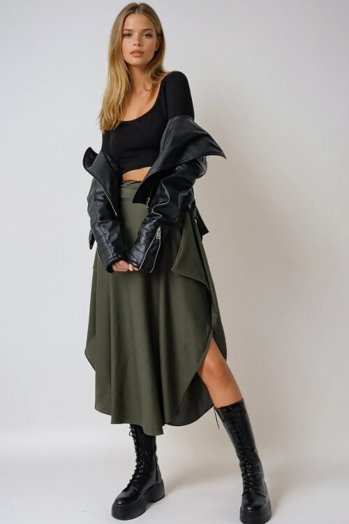 Haki Asimetrik Kesim Beli Bağlamalı Etek