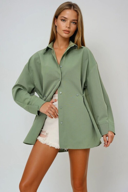 Haki Dikiş Detaylı Yanları Daraltmalı Poplin Gömlek