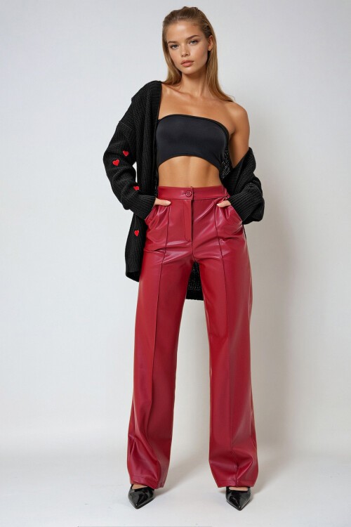 Kırmızı Önü Dikişli Çift Cepli Suni Deri Palazzo Pantolon
