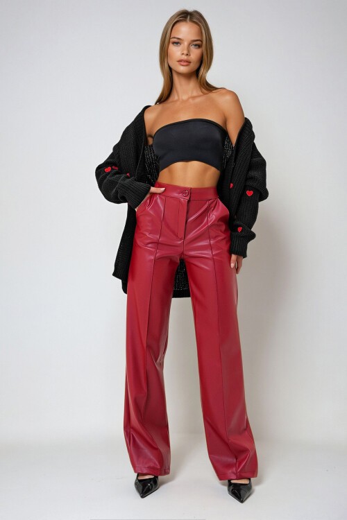 Kırmızı Önü Dikişli Çift Cepli Suni Deri Palazzo Pantolon