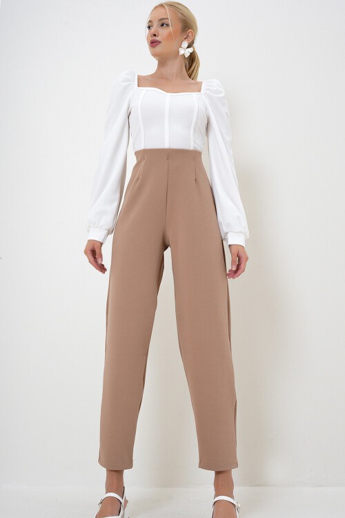 Koyubej Yüksek Bel Pensli Dökümlü Krep Örme Pantolon