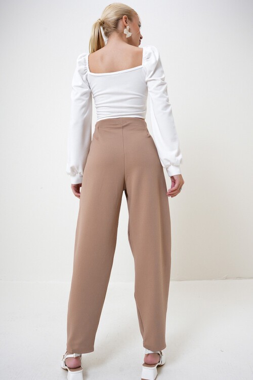 Koyubej Yüksek Bel Pensli Dökümlü Krep Örme Pantolon