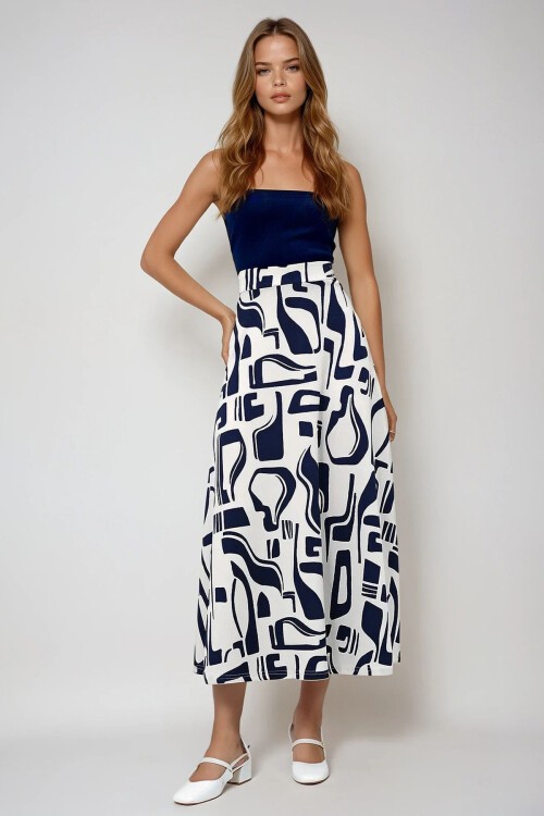 Lacivert Batik Desenli Beli Lastikli Rahat Kesim Etek