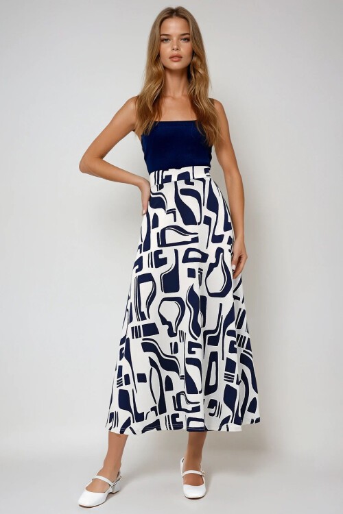 Lacivert Batik Desenli Beli Lastikli Rahat Kesim Etek