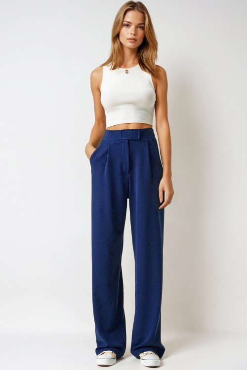 Lacivert Likralı Cırt Kapamalı Çift Cepli Palazzo Pantalon