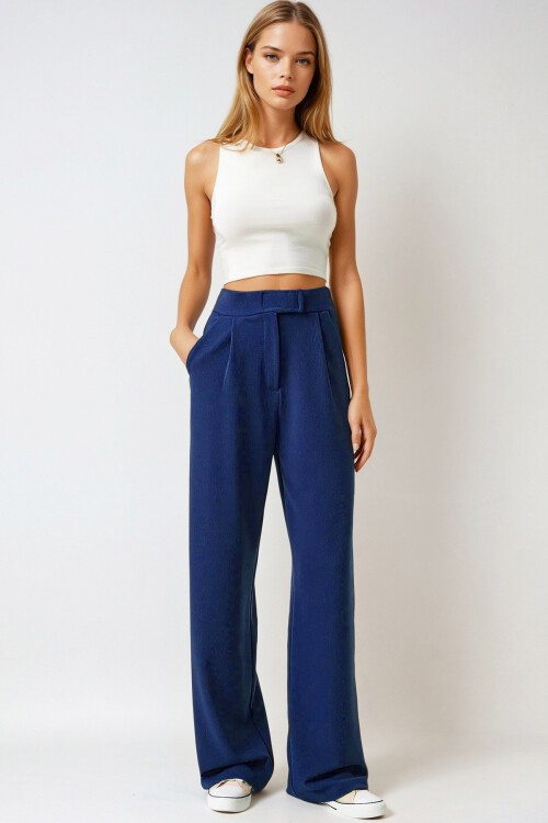 Lacivert Likralı Cırt Kapamalı Çift Cepli Palazzo Pantalon