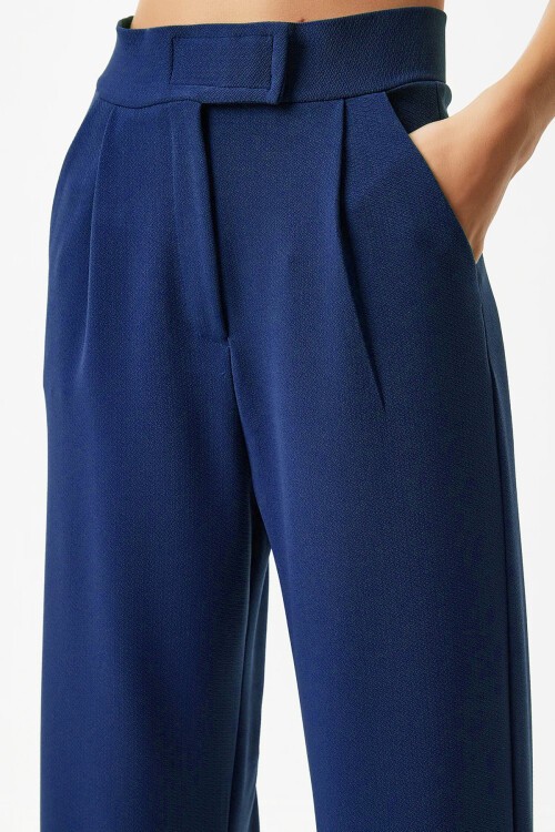 Lacivert Likralı Cırt Kapamalı Çift Cepli Palazzo Pantalon