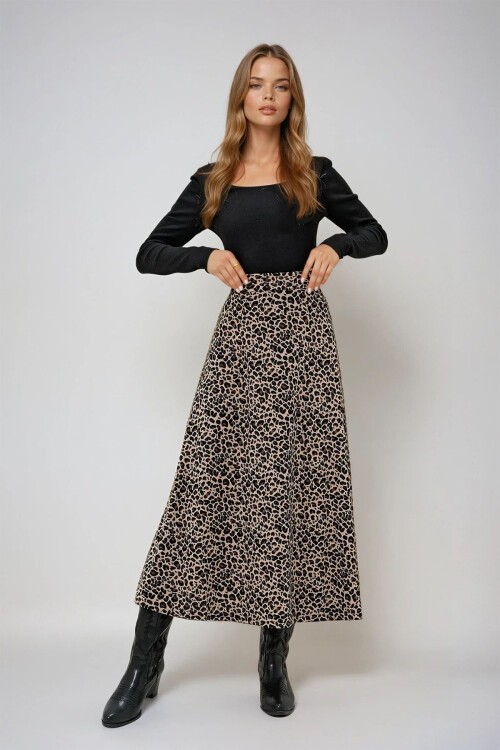Leopar Beli Lastikli Süet Dokulu Desenli Uzun Etek