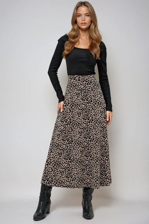 Leopar Beli Lastikli Süet Dokulu Desenli Uzun Etek
