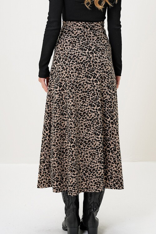 Leopar Beli Lastikli Süet Dokulu Desenli Uzun Etek