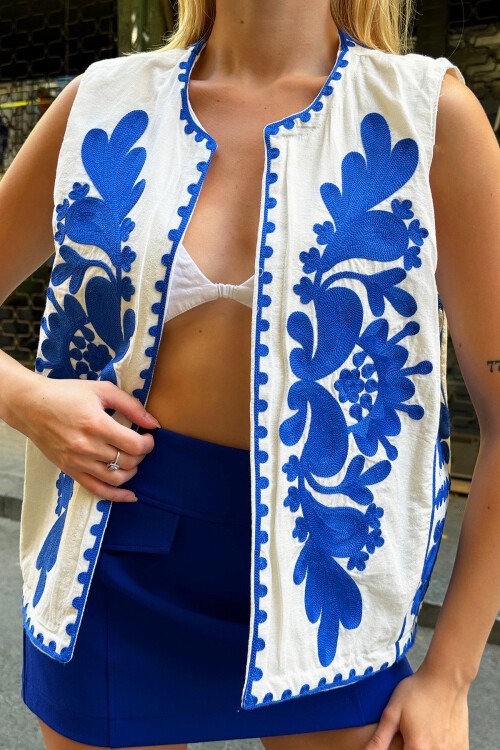 Mavi Nakış İşlemeli Özel Tasarım Keten Yelek