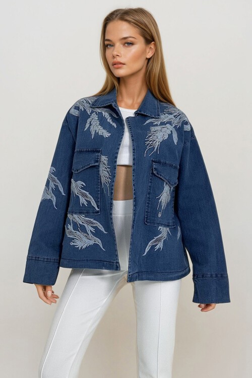 Mavi Nakışlı Denim Ceket