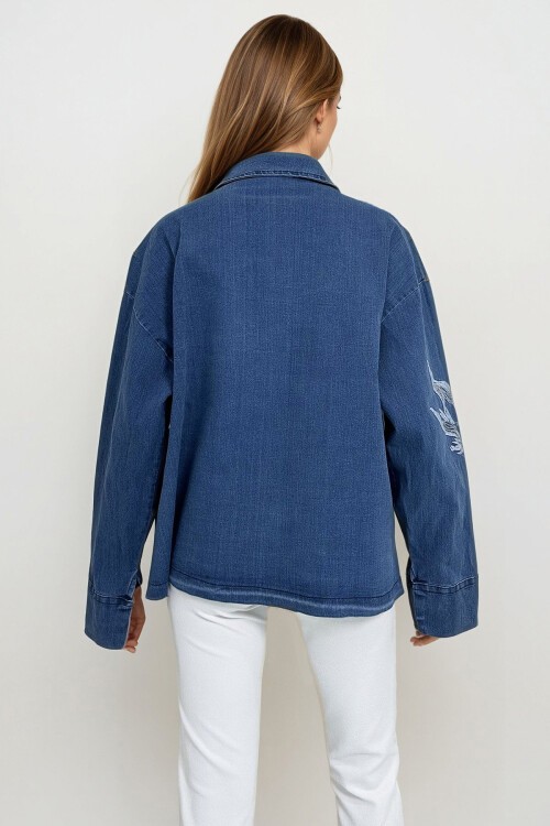 Mavi Nakışlı Denim Ceket